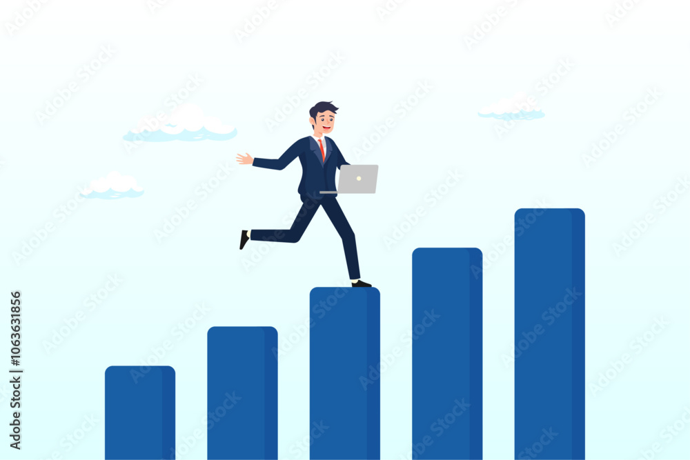 Businessman working on laptop walk up growing graph and chart, growth or improvement, progress on career path to achieve business goal, motivation to success, step to skill development concept Businessman working on laptop walk up growing graph and chart, growth or improvement, progress on career path to achieve business goal, motivation to success, step to skill development concept