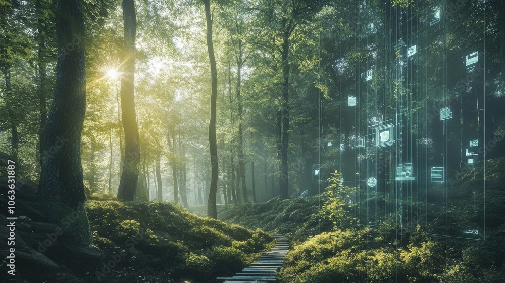 Obraz premium Forest landscape combined with transparent tech icons, showcasing innovations in achieving net zero carbon goals. 