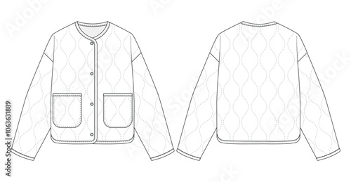 Fashion technical drawing of a quilted jacket with patch pockets