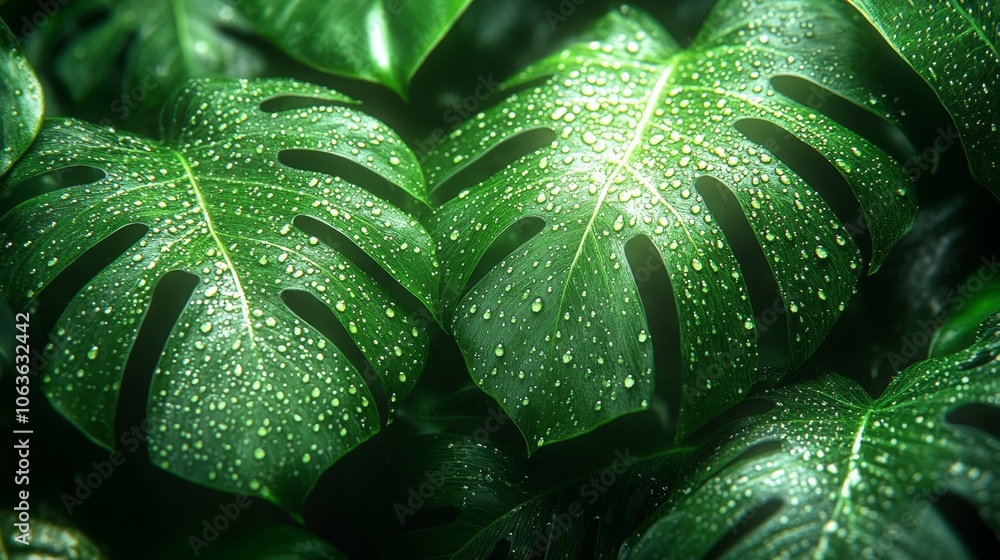 Fototapeta premium macro close-up of green monstera leaves with water droplets vibrant greens and glossy textures light and shadow interplay for depth and a lush tropical vibe, photorealistic