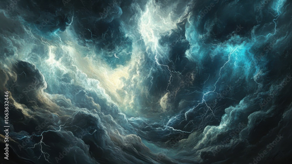 Expressionist artwork capturing the essence of a thunderstorm, featuring dark swirling clouds, jagged lightning, and bursts of white, grey, and electric blue. Expressionist artwork capturing the essence of a thunderstorm, featuring dark swirling clouds, jagged lightning, and bursts of white, grey, and electric blue.