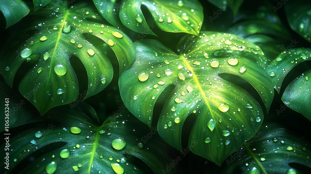 close-up view of green monstera leaves with dewdrops natural textures and shadows creating depth veins and glossy surfaces adding a tropical look, photorealistic close-up view of green monstera leaves with dewdrops natural textures and shadows creating depth veins and glossy surfaces adding a tropical look, photorealistic
