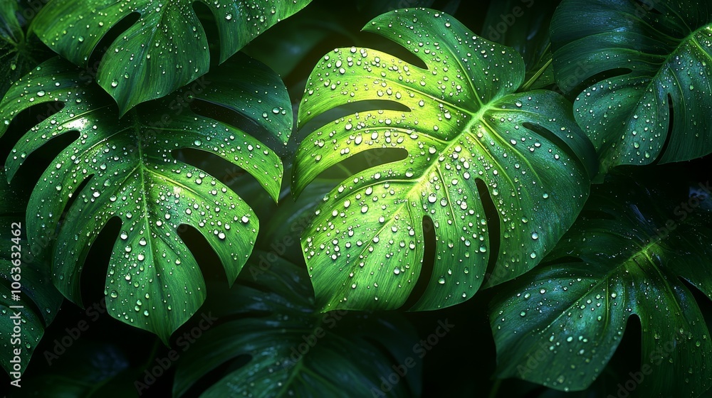 Fototapeta premium detailed view of green monstera leaves with fresh water droplets bright and dark greens with light and shadow interplay creating a lush tropical atmosphere, photorealistic