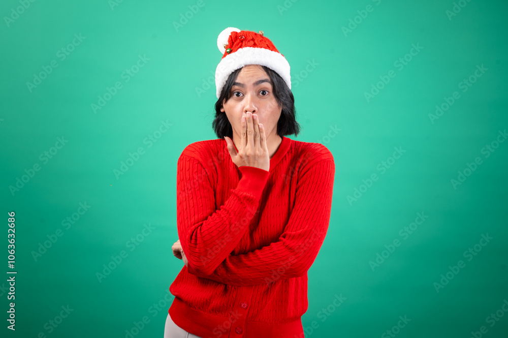 An Asian woman wearing a red sweater and Santa hat stands against a green background with a surprised expression, covering her mouth with one hand in a playful, festive pose An Asian woman wearing a red sweater and Santa hat stands against a green background with a surprised expression, covering her mouth with one hand in a playful, festive pose