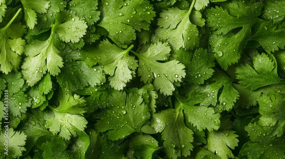 close-up of green cilantro leaves with water droplets well-lit scene natural textures with shadows creating depth vibrant tropical feel, photorealistic close-up of green cilantro leaves with water droplets well-lit scene natural textures with shadows creating depth vibrant tropical feel, photorealistic
