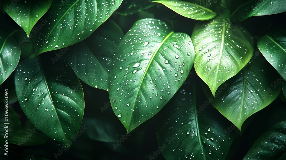 close-up view of green banana leaves with water droplets on surface well-lit with shadows highlighting veins and glossy textures tropical atmosphere high resolution, Photorealistic close-up view of green banana leaves with water droplets on surface well-lit with shadows highlighting veins and glossy textures tropical atmosphere high resolution, Photorealistic