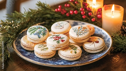 Whimsical Christmas macarons with holiday-themed designs, presented with holiday greenery and festive candlelight