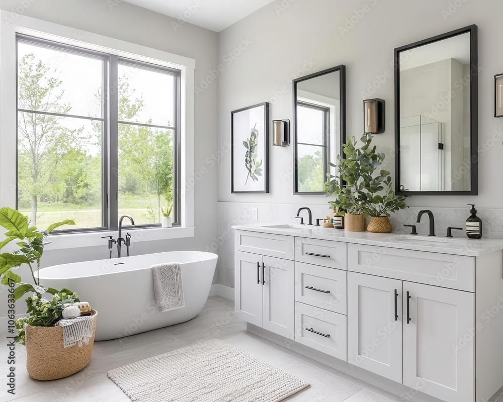 Master bath with standalone tub, large mirrors, subtle gold fixtures, modern classic elegance Master bath with standalone tub, large mirrors, subtle gold fixtures, modern classic elegance