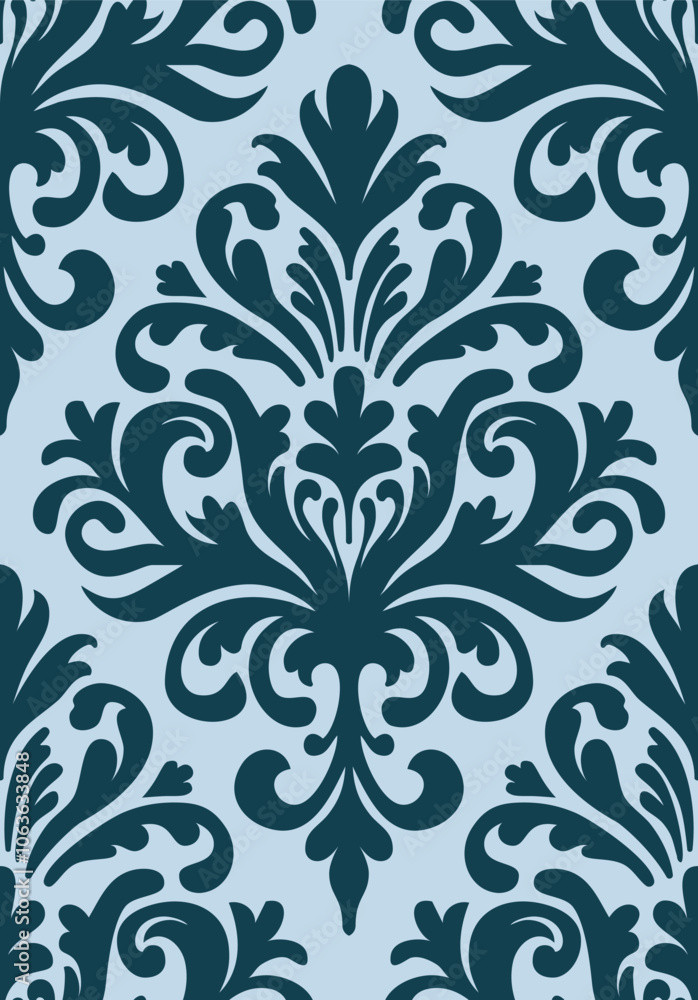 Fototapeta premium Light blue and navy damask pattern with ornate floral motifs. Damask seamless pattern.