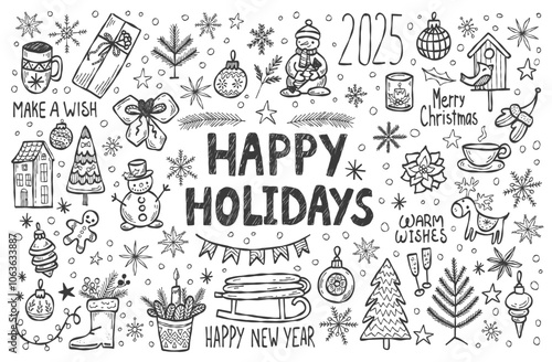 Festive black and white doodle set featuring hand-drawn Christmas elements, Happy Holidays text, and New Year 2025 message