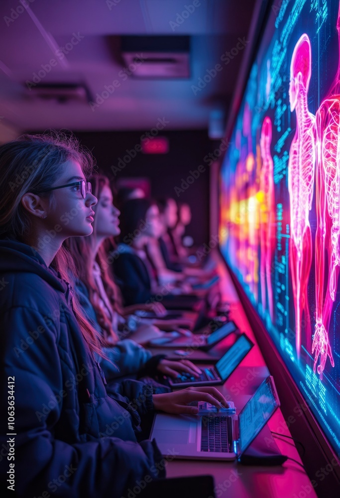 Young woman using a laptop in a neon-lit room, looking at an anatomical projection on a large screen. Young woman using a laptop in a neon-lit room, looking at an anatomical projection on a large screen.