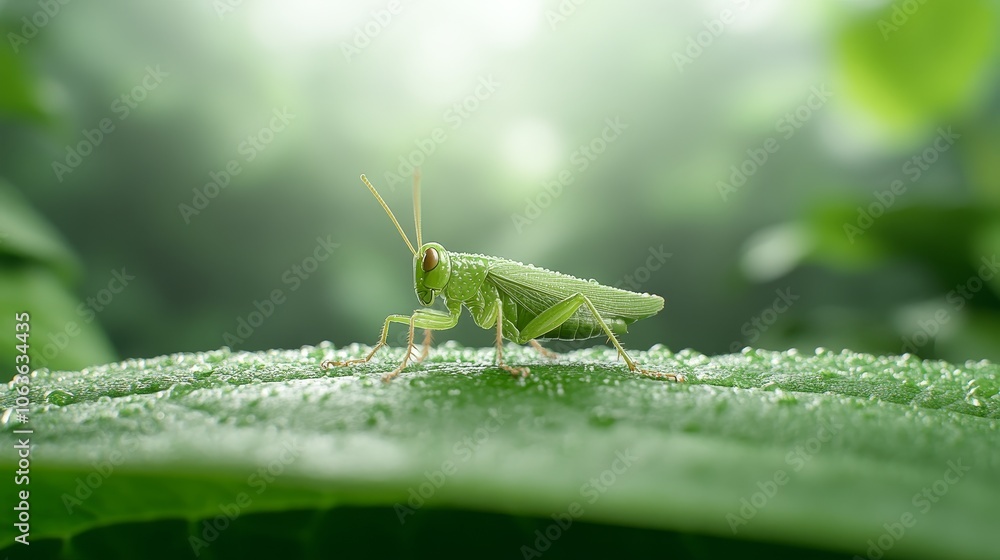 Macro of a colorful green treehopper on a dewy leaf, tropical forest backdrop, intense detail on body and legs, Photorealistic Macro of a colorful green treehopper on a dewy leaf, tropical forest backdrop, intense detail on body and legs, Photorealistic