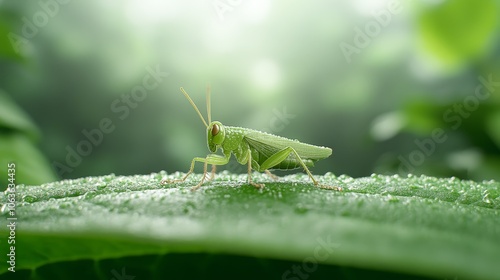 Wallpaper Mural Macro of a colorful green treehopper on a dewy leaf, tropical forest backdrop, intense detail on body and legs, Photorealistic Torontodigital.ca