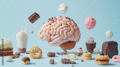 Brain addicted to chocolate and sugar, international diabetes day, insulin resistant, addiction to sweet unhealthy food, health problem photo