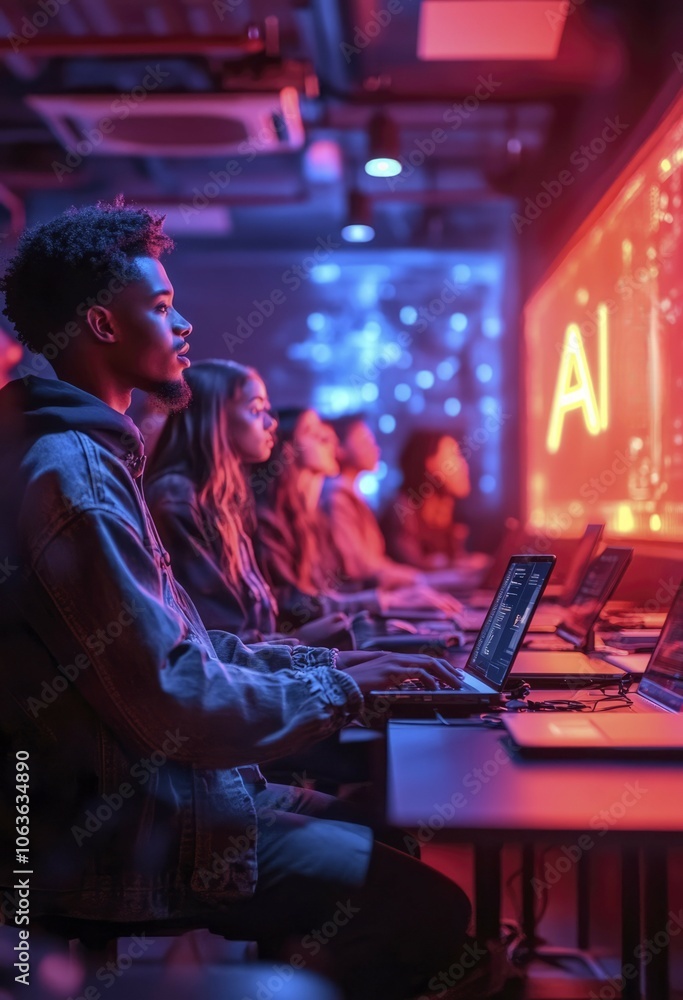 Young Man and Group of People Working on Laptops in a Dark Room with Neon Lights Young Man and Group of People Working on Laptops in a Dark Room with Neon Lights
