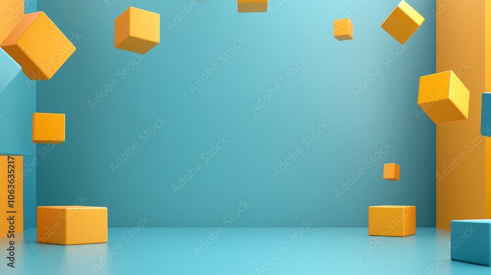 A vibrant 3D scene with floating yellow and orange cubes against a blue background. A vibrant 3D scene with floating yellow and orange cubes against a blue background.