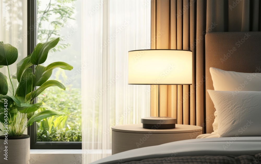 Fototapeta premium A serene bedroom scene featuring a bedside lamp and a view of greenery through a window.