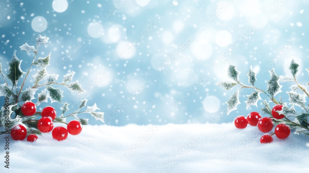 A serene winter scene with snow, holly leaves, and red berries, evoking a festive atmosphere. A serene winter scene with snow, holly leaves, and red berries, evoking a festive atmosphere.