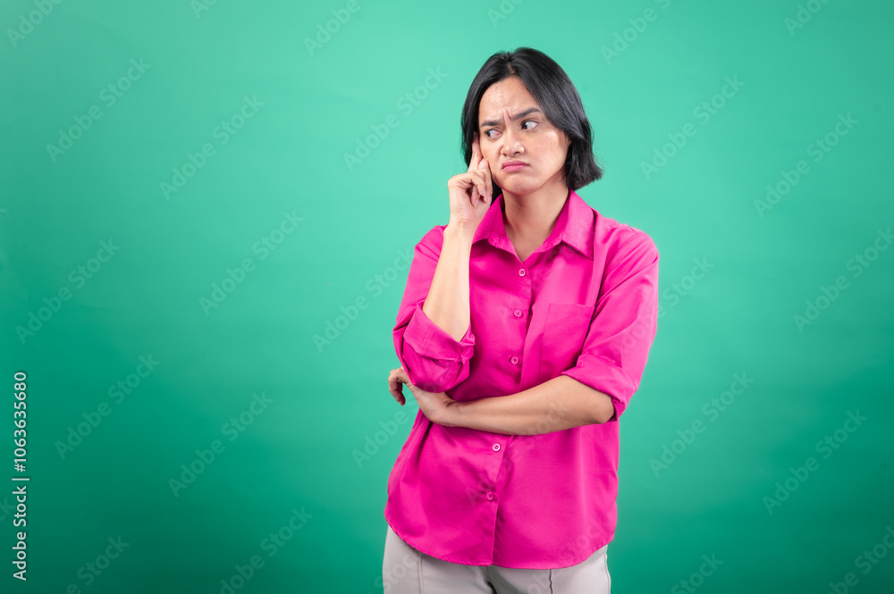 An Asian woman in a bright pink shirt stands against a green background, displaying a thoughtful and slightly puzzled expression, resting her finger on her temple as if deep in contemplation An Asian woman in a bright pink shirt stands against a green background, displaying a thoughtful and slightly puzzled expression, resting her finger on her temple as if deep in contemplation