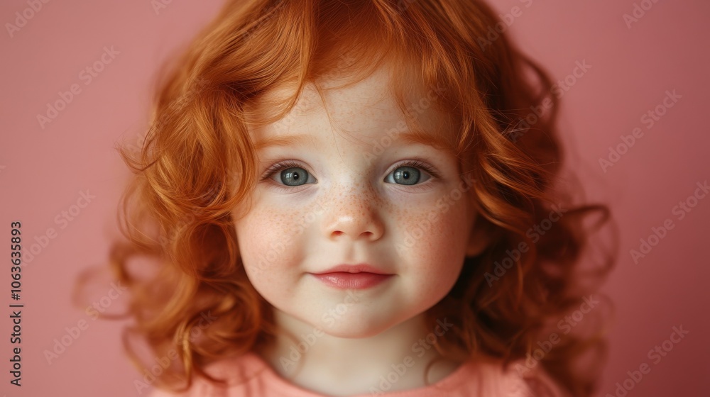 portrait of cute little red-haired girl on pink background portrait of cute little red-haired girl on pink background