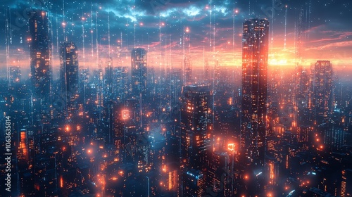 A futuristic urban skyline glowing with bright neon lights and digital rain, encapsulating the essence of technology and modern city life in a cyberpunk style.