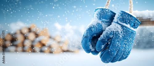 Blue winter gloves hanging in snow with a blurred background of logs, evoking warmth and coziness. photo