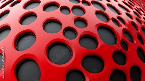 A close-up of a textured surface featuring red and black circular patterns.