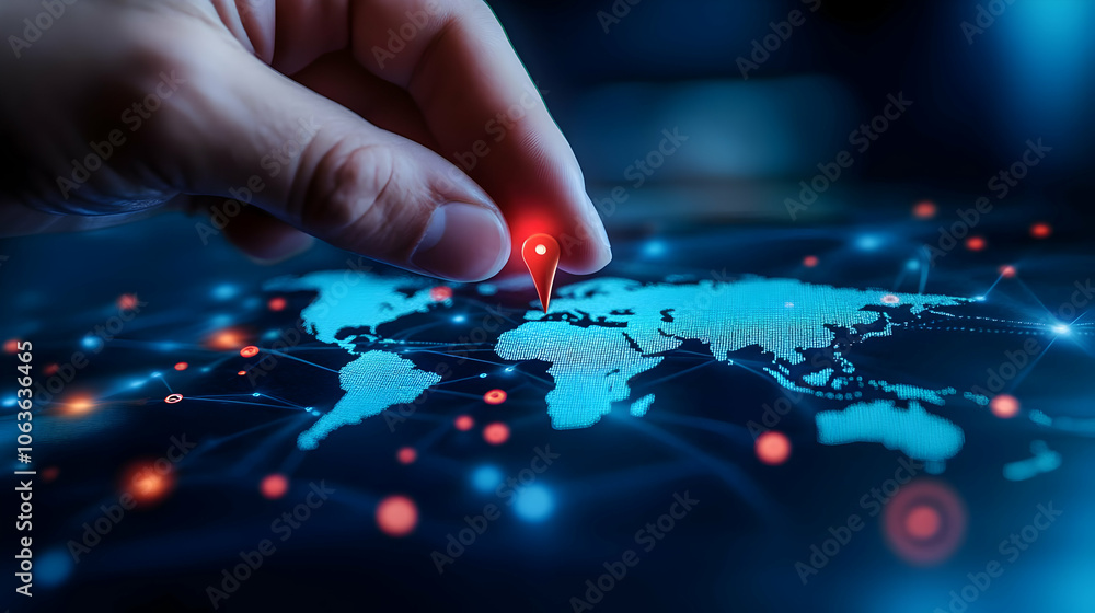 Fototapeta premium Close-up of a hand placing a red pin on a digital world map, symbolizing location and connectivity.