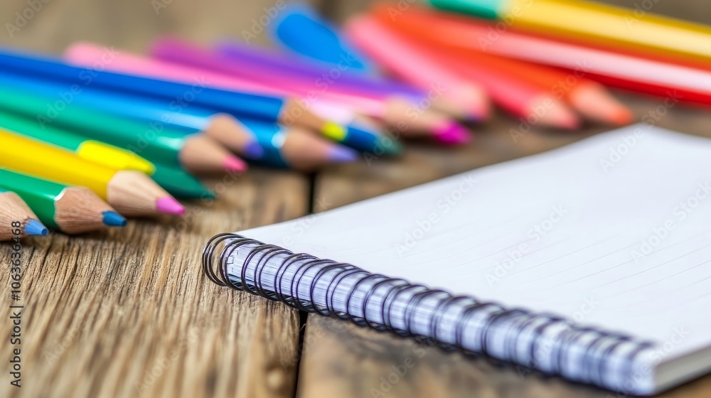A colorful array of pencils beside a blank notebook on a wooden table, ready for creativity. A colorful array of pencils beside a blank notebook on a wooden table, ready for creativity.