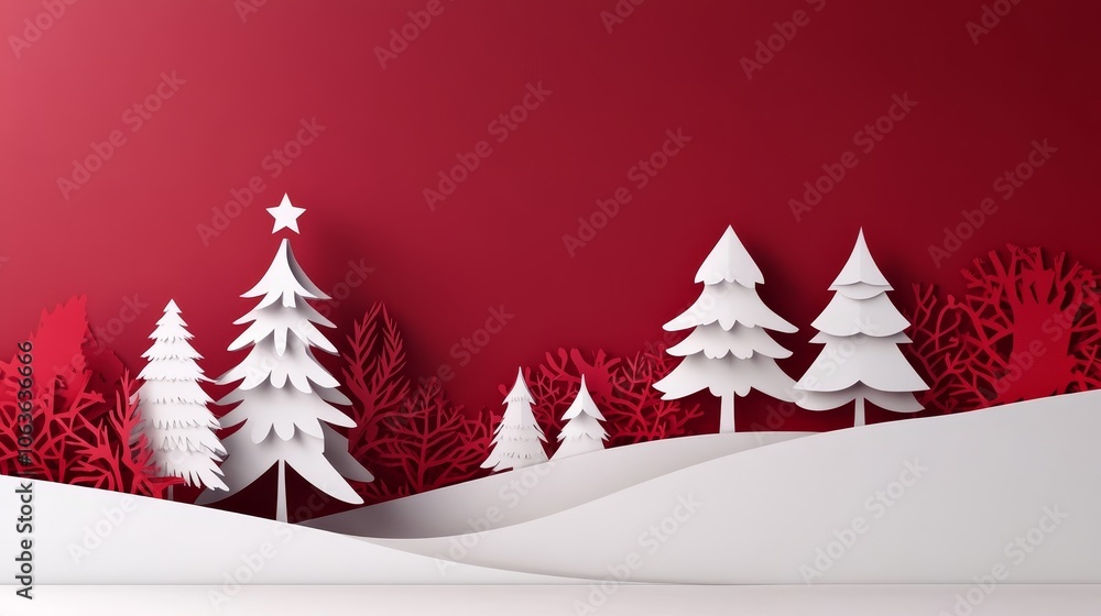 A festive scene featuring white paper trees against a red backdrop, evoking a holiday atmosphere. A festive scene featuring white paper trees against a red backdrop, evoking a holiday atmosphere.