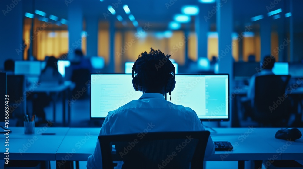Cinematic, rear view of an IT support worker wearing headphones, sitting at his desk in the office and working on multiple computer screens. Cinematic, rear view of an IT support worker wearing headphones, sitting at his desk in the office and working on multiple computer screens.