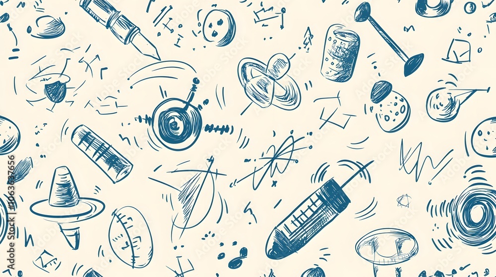 Blue Ink Doodle Pattern of Objects and Abstract Shapes Blue Ink Doodle Pattern of Objects and Abstract Shapes