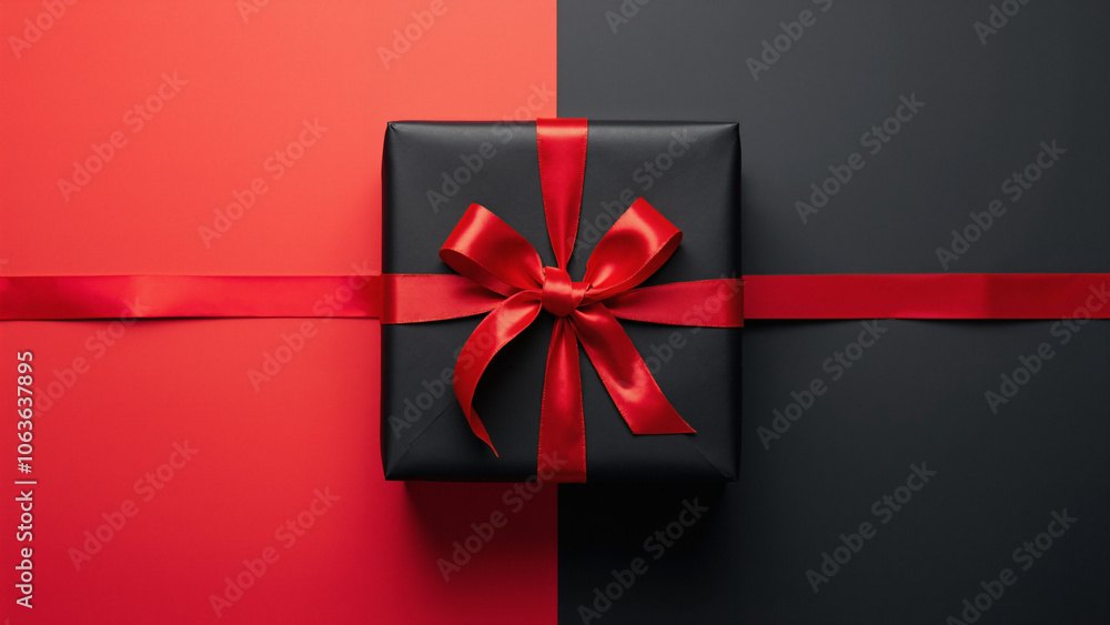 Elegant Black Gift Box with Red Ribbon on Two-Tone Background: Perfect for E-commerce, Holiday Promotions, and Events Elegant Black Gift Box with Red Ribbon on Two-Tone Background: Perfect for E-commerce, Holiday Promotions, and Events