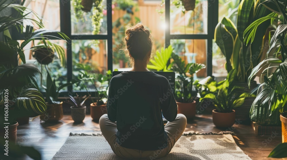 A woman sits on a rug in front of a window with plants in the background A woman sits on a rug in front of a window with plants in the background