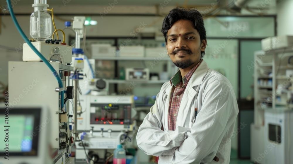 A man in a white lab coat stands in front of a machine A man in a white lab coat stands in front of a machine