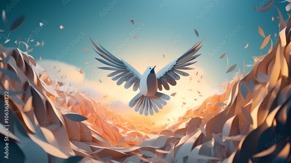 Soaring White Bird Amidst Sunset Over Lush Hills in Tranquil Serenity and Elegance Soaring White Bird Amidst Sunset Over Lush Hills in Tranquil Serenity and Elegance