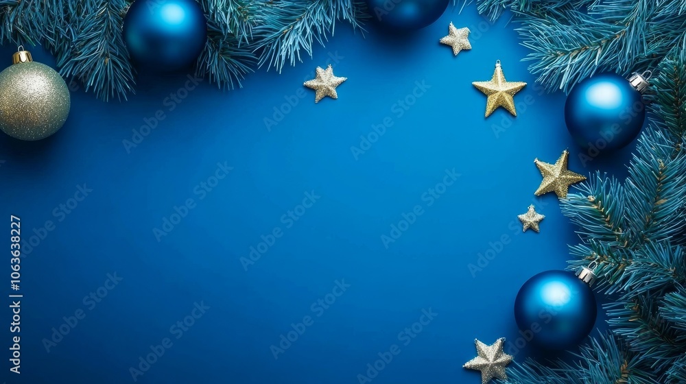 A festive arrangement of blue ornaments and stars on a blue background, ideal for holiday celebrations. A festive arrangement of blue ornaments and stars on a blue background, ideal for holiday celebrations.