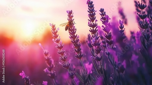 Closeup of bee on lavender, fine details, delicate purple background, botanical harmony