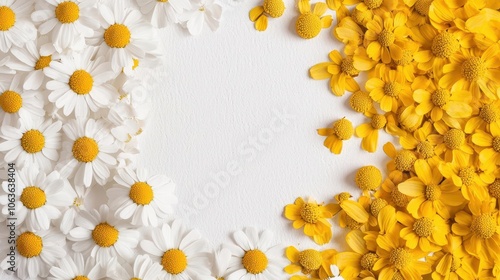 Closeup of chamomile petals, soft white and yellow, herbal botanical calmness