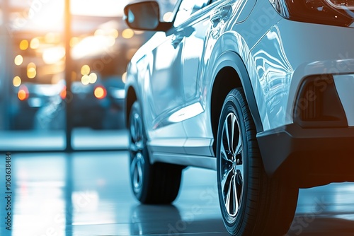 White car in showroom with gleaming lights and reflections.