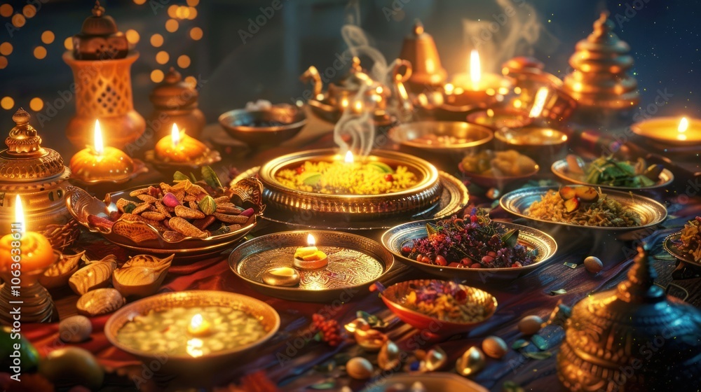 A table is set with many dishes of food, including a large bowl of rice A table is set with many dishes of food, including a large bowl of rice