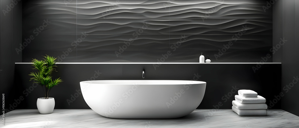 Elegant modern bathroom featuring a sleek white bathtub against a textured black wall with decorative elements. Elegant modern bathroom featuring a sleek white bathtub against a textured black wall with decorative elements.