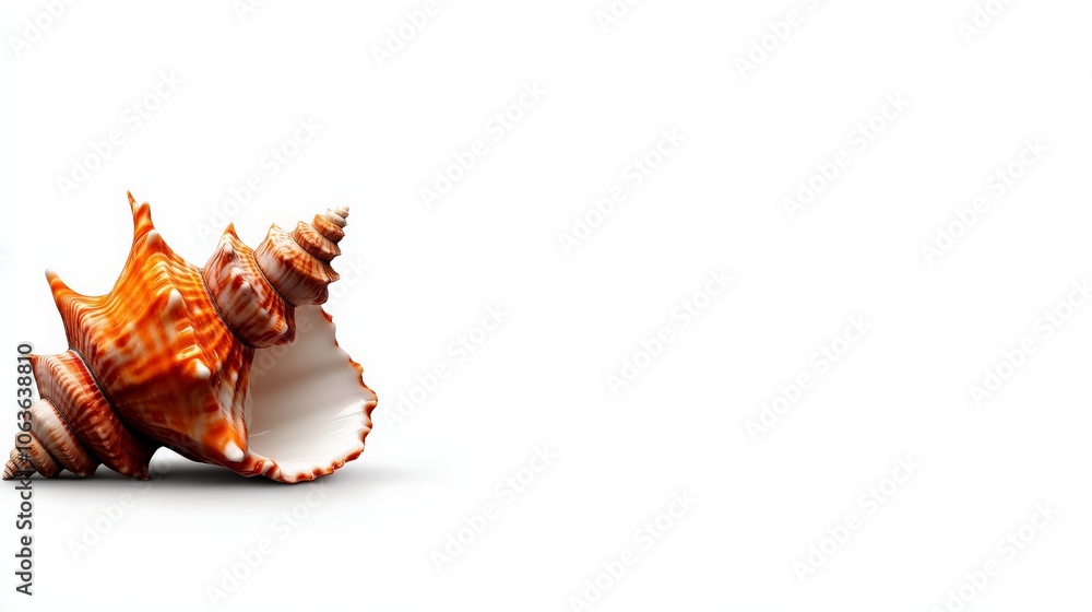 Seashell Symphony: A single, striking orange and white seashell rests against a clean background, its intricate details highlighted in a captivating close-up. A perfect image for summer, travel. Seashell Symphony: A single, striking orange and white seashell rests against a clean background, its intricate details highlighted in a captivating close-up. A perfect image for summer, travel.