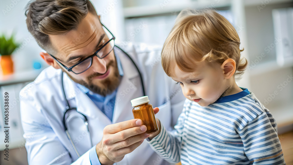 Pediatrician showing medicine bottle to a toddler during a consultation. Pediatrician showing medicine bottle to a toddler during a consultation.