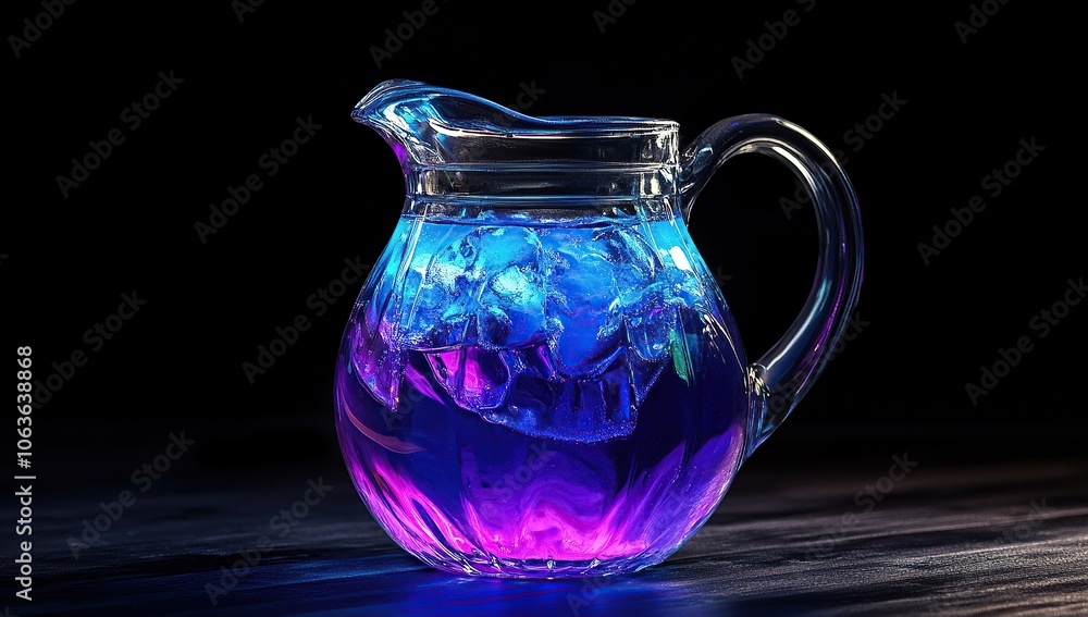 Blue and purple liquid in a glass pitcher, against a black background Blue and purple liquid in a glass pitcher, against a black background
