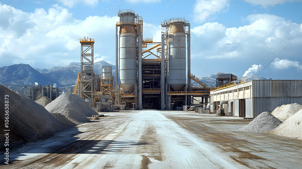Obraz premium Industrial Complex with Silos and Mountains in the Background - Realistic Image