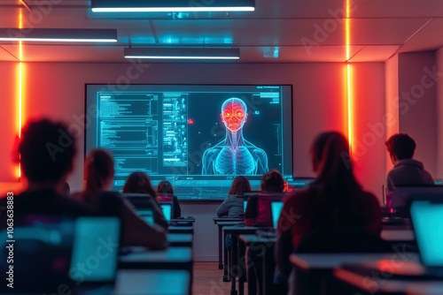 Students in a classroom looking at a digital human anatomy projection on a large screen.