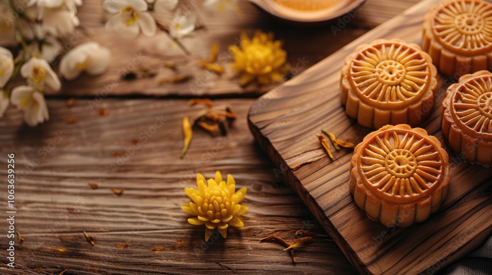 Mooncake yolk pastry design for Mid-Autumn Festival on wooden table Mooncake yolk pastry design for Mid-Autumn Festival on wooden table