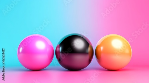 Three glossy spheres in pink, black, and orange against a gradient background.