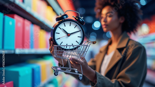 Black Friday Shopping Frenzy: Customer with Cart Icon and Alarm Clock in Vibrant Retail Environment for Marketing